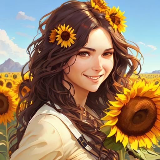 Prompt: portrait female 49er with dynamite and pickaxe, wavy hair, smile, background fields of sunflowers art by artgerm and greg rutkowski and alphonse mucha