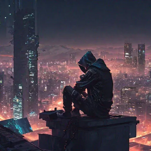 Prompt: a cyberpunk hacker sitting on a roof top looking over the city at night.