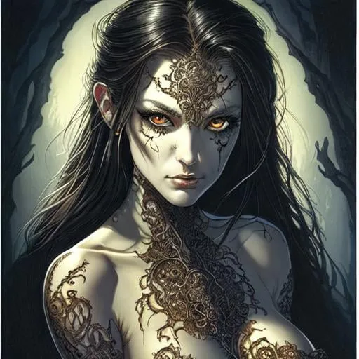 Prompt: portrait handsome female, face, eyes, intricate, elegant, highly detailed, horror, sharp focus, realistic, photo, art by scott fischer and Mike Ploog