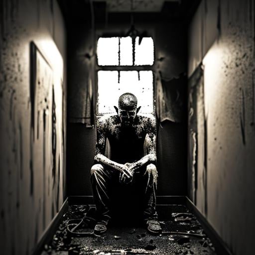 Prompt: man in agony sitting in a dark corner, room is old and burnt, ashes rain down.  lamp on the wall lights up the room.  hyper detailed.  emotional, gritty, darkness, fading, sharp focus.