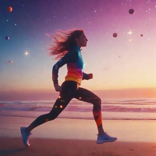 Prompt: Women in short spandex running on a wide beach, full colorful universe on the horizon, morning sunrise.  wavy hair sensual pose in mid air. sharp focus. stars and planets. full reflection glare.  adidas ad poster.  close up side view. timelaps. slowmotion