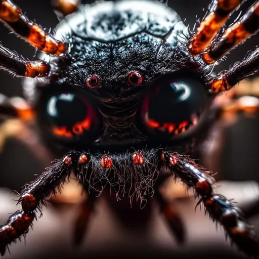 Prompt: black horror spider walkin on a women skin with eyes like fisheye mirror. walking on a women's body. skin. blood. sharp focus. extreme details. realistic. fangs. hairy legs. reflections. real 4k photo. micro shot