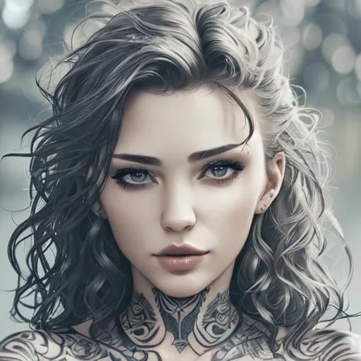 Prompt: close up portrait handsome woman, girl looks at the viewer. hyper detailed. tattoos, piercing,  wavy hair. emotional, horney look, lustful, 4k realistic photo