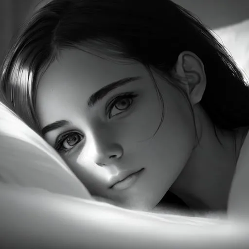 Prompt: portrait in bed. mist, light rays,  hyper detailed, clear face, emotional, sharp focus. 4k realistic black and white photo