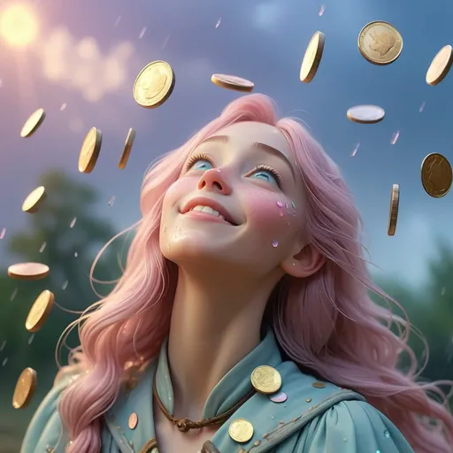 Prompt: 
It rained coins in the sky, and everyone was happyThe sky was raining coins, everyoneThe sky began to rain coins, everyoneCoins rained down in the skyCoins fell from the skyThe sky went downDreamy pastel portrait, wizard, ethereal atmosphere, soft focussky