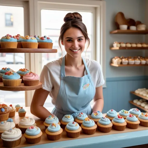 Prompt: A cozy small-town bakery named 'Blossom Bites,' warm lighting, wooden counter with colorful cupcakes and pastries, Emily, a 25-year-old petite woman with long chestnut brown hair in a loose bun, wearing a light blue dress and flour-dusted white apron, smiling as she arranges baked goods, soft morning light streaming through windows, detailed realistic style, vibrant and inviting atmosphere