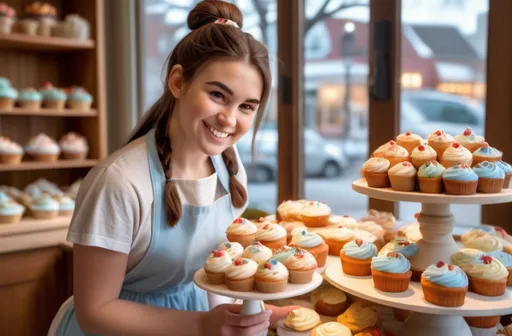 Prompt: A cozy small-town bakery named 'Blossom Bites,' warm lighting, wooden counter with colorful cupcakes and pastries, Emily, a 25-year-old petite woman with long chestnut brown hair in a loose bun, wearing a light blue dress and flour-dusted white apron, smiling as she arranges baked goods, soft morning light streaming through windows, detailed realistic style, vibrant and inviting atmosphere