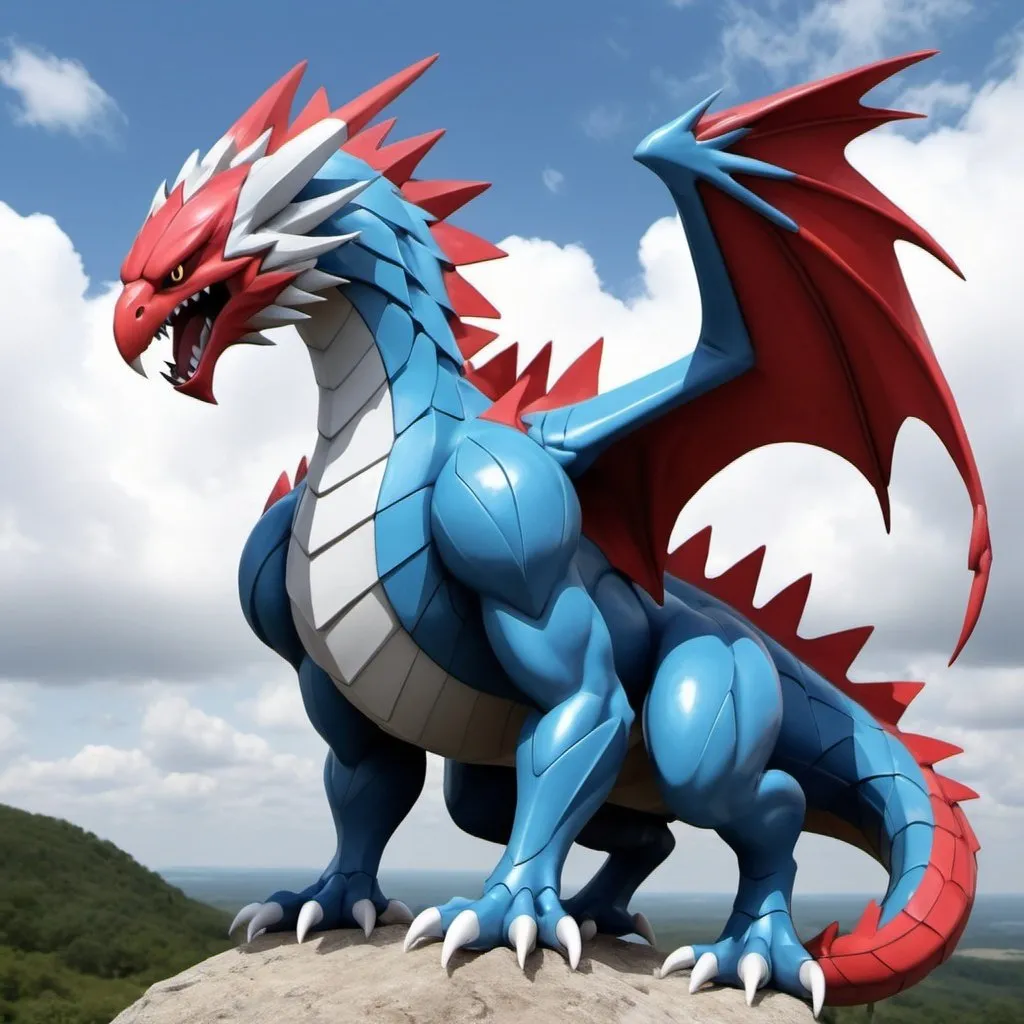 Prompt: Quiero que crees una imagen estilo Pokemon. Es la cabeza de un dragón en un cuerpo de águila. Los colores tienen que ser azul, rojo y gris. Las alas tienen que estar extendidas.