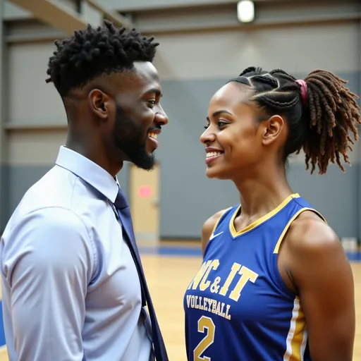 Prompt: average height average build black man with a low ‎‎‎cut fade and close shave in his mid ‎‎twenties ‎‎wearing a shirt and ‎‎tie standing face to ‎face, ‎smiling, locking eyes with ‎a biologically born ‎female; she is a Black woman wearing her natural ‎‎curly ‎hair ‎in microbraids just past her shoulders; ‎she is taller than him; she is in her ‎early twenties, ‎wearing blue ‎and ‎gold NC A&T ‎‎volleyball ‎‎jersey ‎number 2, they’re at midcourt after a women’s ‎indoor volleyball game; ‎
