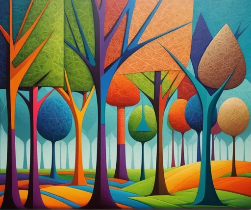 Prompt: Abstract, one-dimensional field of geometric trees, detailed geometric shapes, vibrant colors, dynamic patterns, high quality, abstract art, detailed geometry, vibrant color palette, one-dimensional, abstract trees, intricate patterns, unique geometric shapes, textured grass, modern art, dimensional illusion, vivid and bold colors, artistic interpretation, intricate details, surreal, energetic composition Each tree different geometry and shapes in different ways 