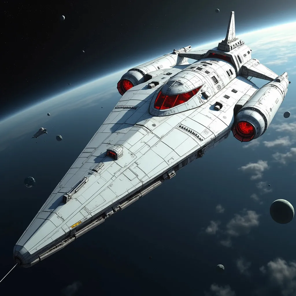 Prompt: White space battleship shaped like a sharp spear head with the command room 2/3 from the front of the ship with red windows only in the front of the command room, the ship has multiple double barreled cannons, the ship has a ring at a 45 degree angle from the horizontal, the ring surounds the back third section of the ship. The ship is 2700 feet long and 270 feet wide. with planet eating planet unicron in the background