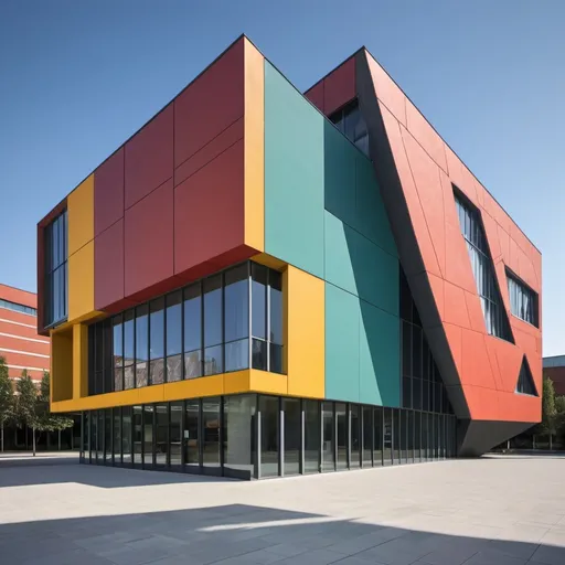 Prompt: Geometric shape, color contrast, dynamic composition, asymmetric balance, university library, building facade
