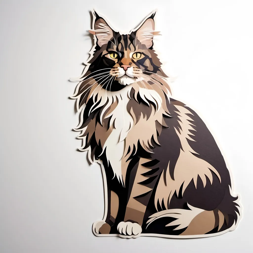 Prompt: Three different art cutout style images depicting a Maine Coon cat in a papercut style, similar to the provided image. Each image should focus on the distinct features of the Maine Coon, such as the large mane and fluffy tail, with minimalistic backgrounds suitable for stickers.