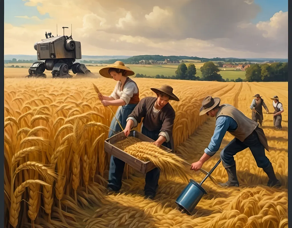 Prompt: Create an oil painting in 1700-style showing people harvesting a wheat field and a giant dreadnought robot in the background