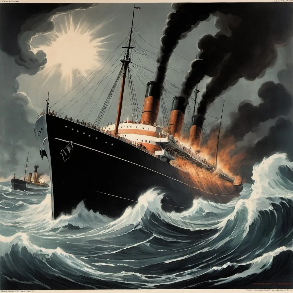 Prompt: The background of the poster should depict a dark, stormy sea with a large ship sinking into the waves. The ship should be depicted at an angle, with smoke rising from its decks and sailors struggling in the water. In the foreground, there should be a figure with an exaggeratedly large mouth, resembling a gaping hole. This figure should be whispering or gossiping, with their finger pressed to their lips in a "shh" gesture. The overall tone of the image should be ominous and urgent, conveying the message that careless talk can have deadly consequences during wartime