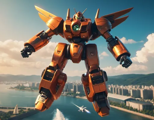 Prompt: Large Mecha, flying over a city, full-body, cinematic render, illustrated, heroic mecha, waterfront by the city, daytime, jet pack on the back of the mecha, retro style, celebration, future timeline, 