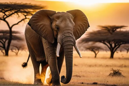 Prompt: An elephant walking through an African savanna when the sun is setting