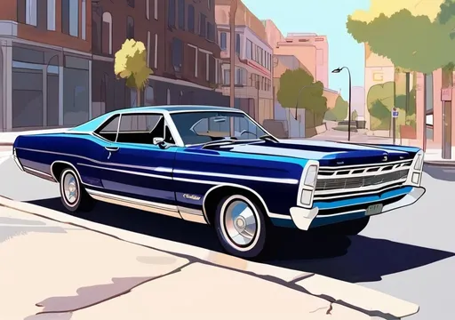 Prompt:  A dark blue 1968 Ford Galaxie coupe parked on the side of a city street. (side view), (afternoon), (sunny day), (cartoon)