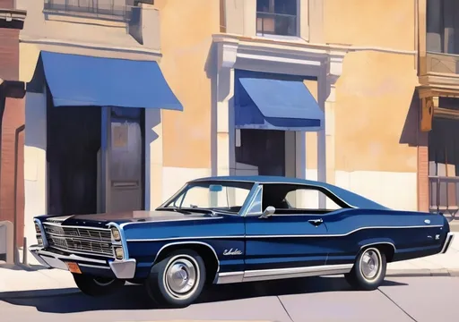 Prompt:  A dark blue 1968 Ford Galaxie coupe parked on the side of a city street. (side view), (afternoon), (sunny day), (ultrarealistic)