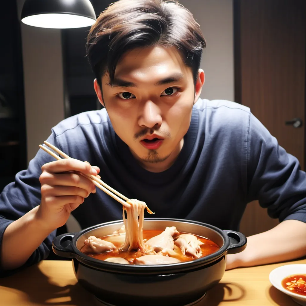Prompt: vẽ cho tôi 1 người đàn ông đang ăn lẩu gà