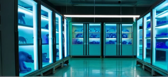 Prompt: a lab room filled with numerous glass cabinets containing luminous blue liquid. Cabinet hold what seems to be animals and human. The light of the lab room is off.