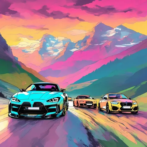 Prompt: vibrant inkpunk style picture of 5 sportscars drving through the alps during the Sunset. The cars are from the Brands BMW M2, Audi RS6, Porsche 911. The Headline is „Petrolheads“