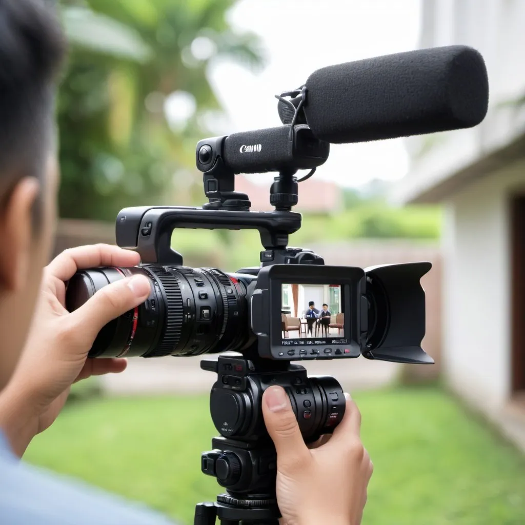 Prompt: someone record using mini camera canon for interview session at house