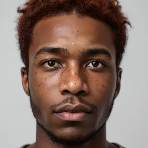 Prompt: average dark black man in 20s with red hair facing forward neutral expression with freckles