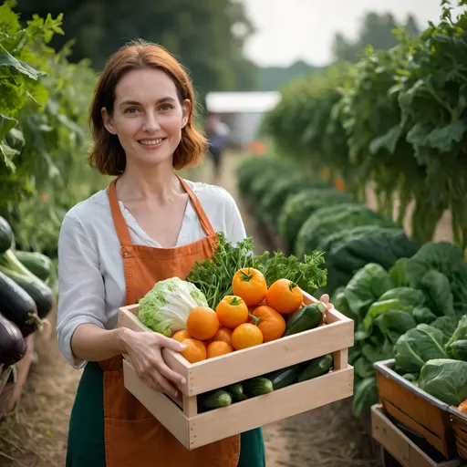 Prompt: a woman is holding a box of vegetables in a wooden basket, in the style of orange and emerald, sony fe 85mm f/1.4 gm, fluid and organic, happenings, rtx on, plein-air. --ar 3:2 --v 5.1 --style raw