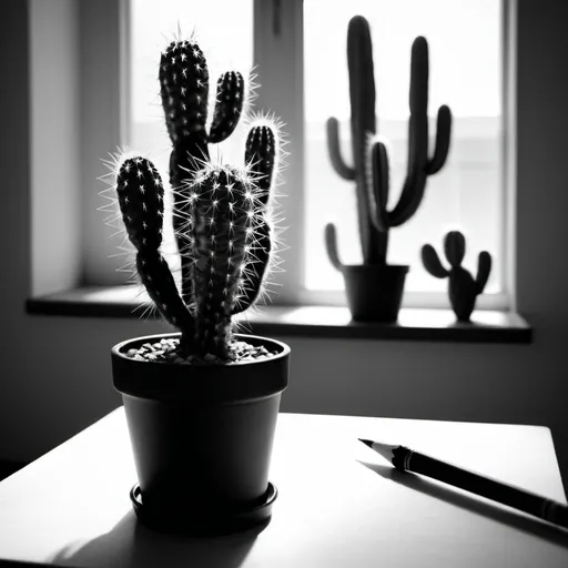 Prompt: draw a cactus in a room, in black and white, like a pencil draw, cactus on a table, no look profesional, focus more in cactus and base testure, a close-up to cactus