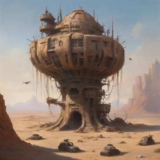 Prompt: Insect-shaped citadel coiled in the desert wasteland, post-apocalyptic, oil painting, detailed architecture, high quality, post-apocalyptic, desert wasteland, insect-shaped citadel, oil painting, detailed architecture, professional, atmospheric lighting