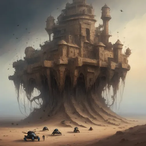 Prompt: Insect-shaped citadel coiled in the desert wasteland, post-apocalyptic, oil painting, detailed architecture, high quality, post-apocalyptic, desert wasteland, insect-shaped citadel, oil painting, detailed architecture, professional, fog, stormy light night, lots of insect people around