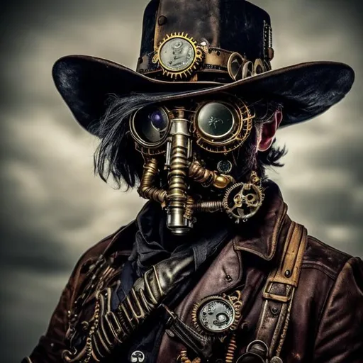 Prompt: STEAMPUNK COWBOY WITH HAT COVERING HALF FACE IN DARK STEAMPUNK CITY