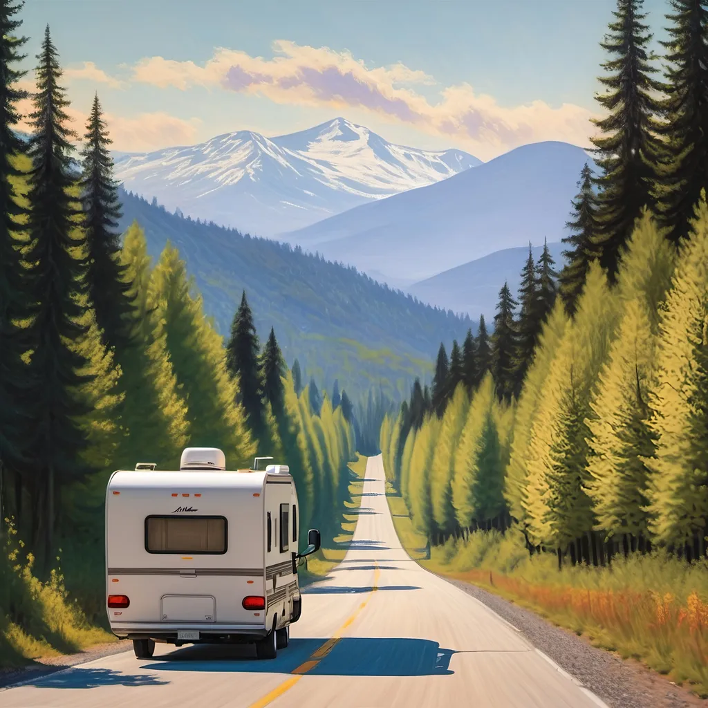 Prompt: Image of an RV driving on a long road into the forest, mountains off in the distance, in the style on Monet