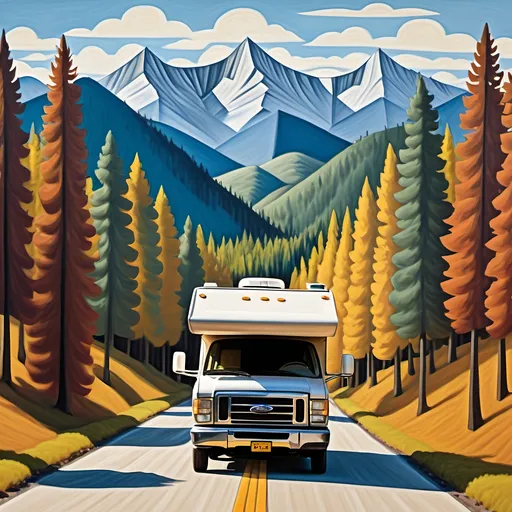 Prompt: Image of an RV driving on a long road into the forest, mountains off in the distance, in the style of Picasso