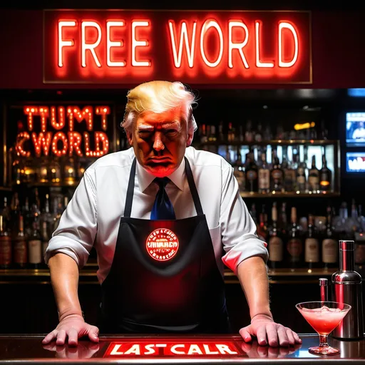 Prompt: Trump is  the  Bar tender  with apron on at a swank Vegas style bar Named THE FREE WORLD on a red led light sign the words " Last call in the free world"