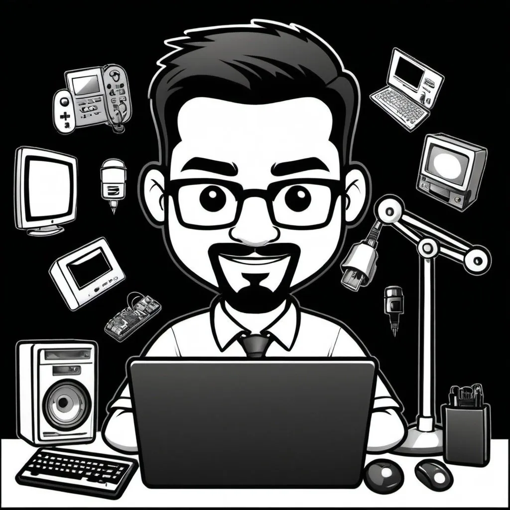 Prompt: a logo to be used as a sellers profile background on eBay. i sell electronics, games, and all other types of collectables. make the logo a black and white cartoon style show a guy working at desk with comical style computer fixing many random small items 