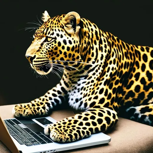 Prompt: a leopard typing on a laptop