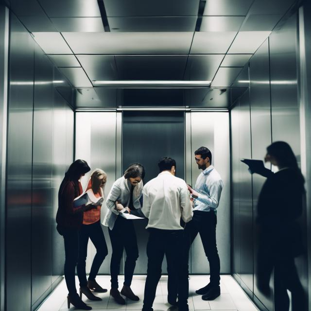 Prompt: a group of people working on a project in an elevator