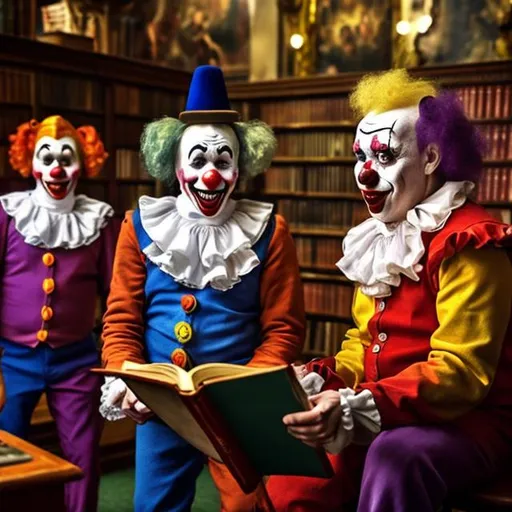 Prompt: clowns in a library
