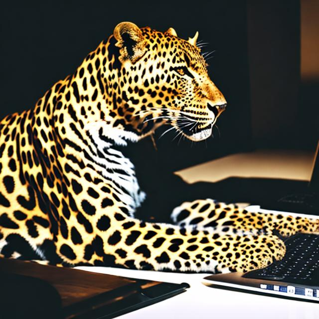 Prompt: a leopard typing on a laptop