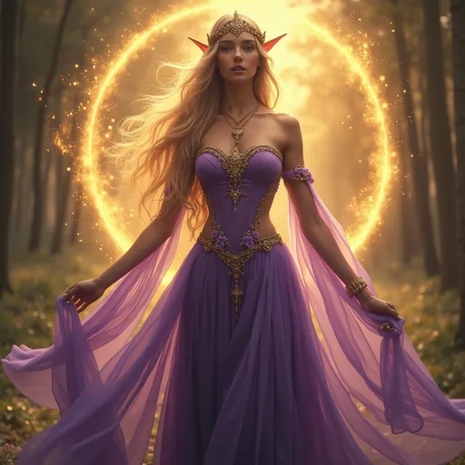 Prompt: full body Elven queen surrounded by golden magic, she have violet clothes and a tiara, photorealistic