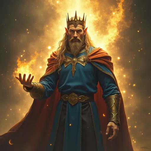 Prompt: full body Elven king surrounded by golden magic, he have blue clothes and a elven crown, photorealistic