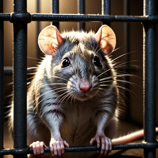 Prompt: Realistic illustration of a rat behind bars, detailed fur and whiskers, somber and dimly lit, realistic style, high quality, detailed lighting, textured surfaces, realistic fur, detailed eyes, confined space, muted colors, professional