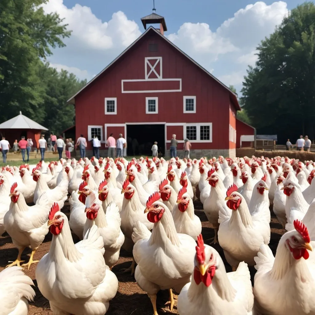 Prompt: A poultry touristical farm with lots of people and a lot like disney