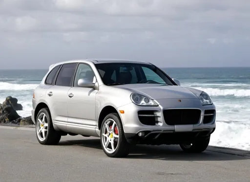 Prompt: Grey 2007 Porsche Cayenne S in front of ocean