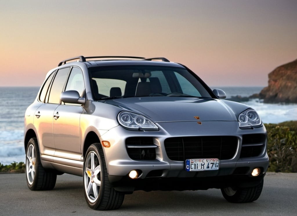 Prompt: Grey 2007 Porsche Cayenne S in front of ocean