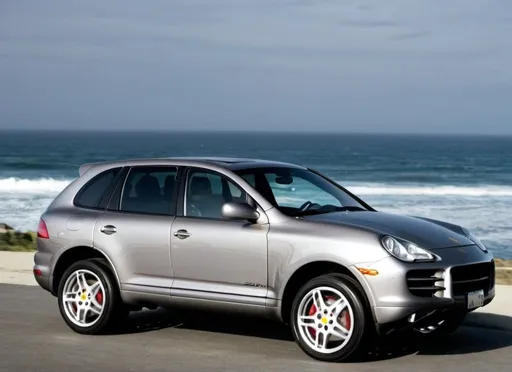 Prompt: Grey 2007 Porsche Cayenne S in front of ocean