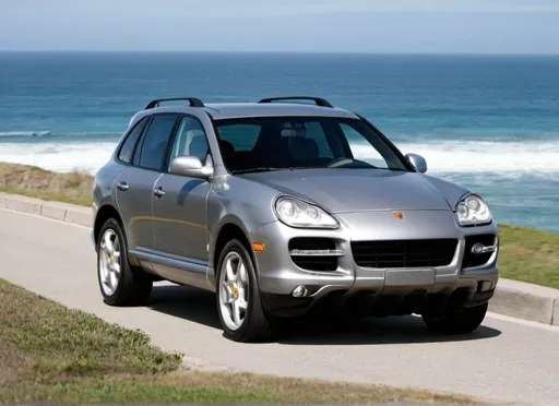 Prompt: Grey 2007 Porsche Cayenne S in front of ocean