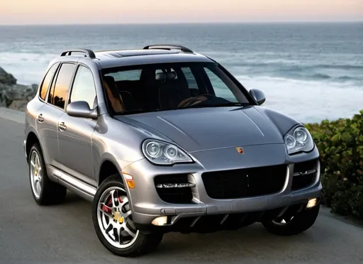 Prompt: Grey 2007 Porsche Cayenne S in front of ocean